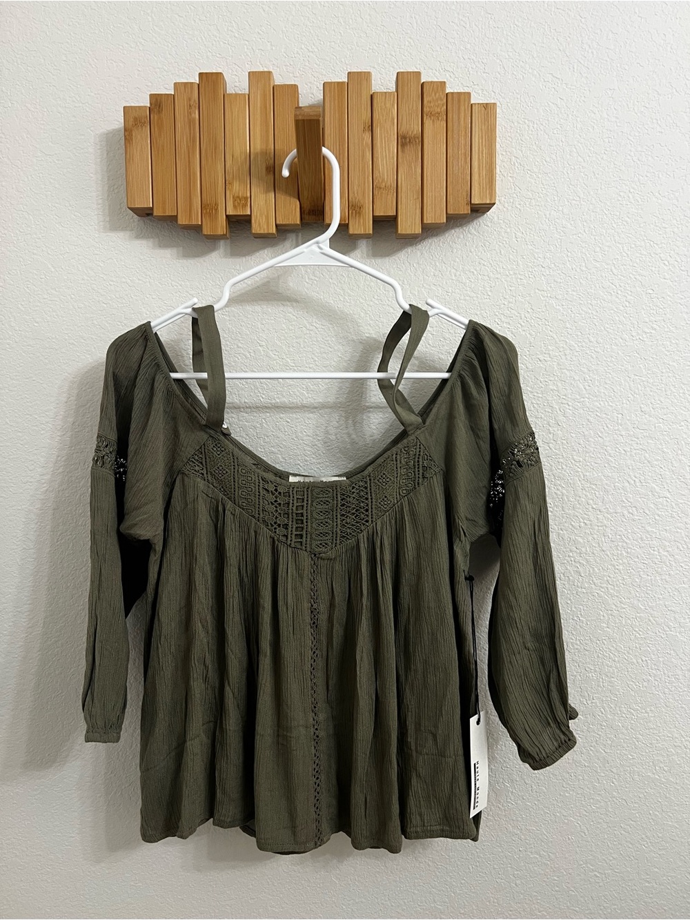 Haute Monde Olive Green Off-Shoulder Peasant Blouse with Crochet Yoke